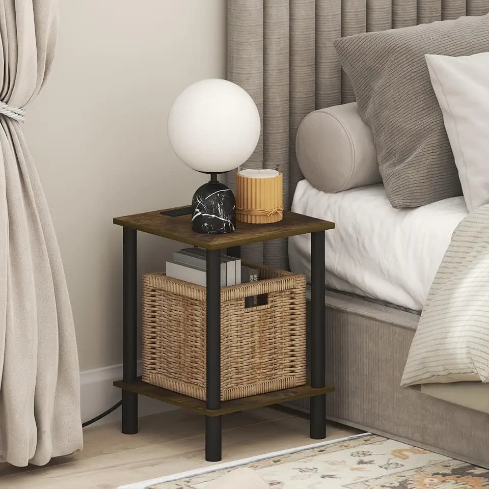 Furinno Turn-N-Tube 2-Tier Night Stand with Charging Station, Amber Pine