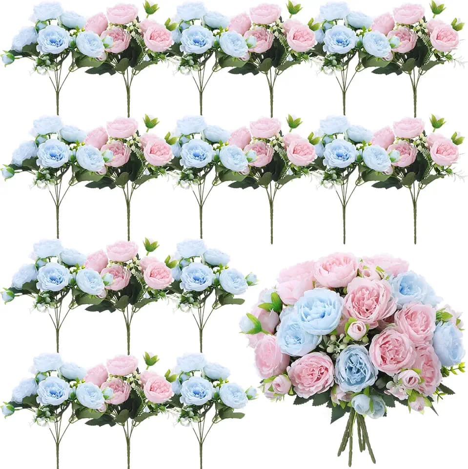 Geosar 16 Bundles Artificial Peonies Flowers,Light Pink, Light Blue