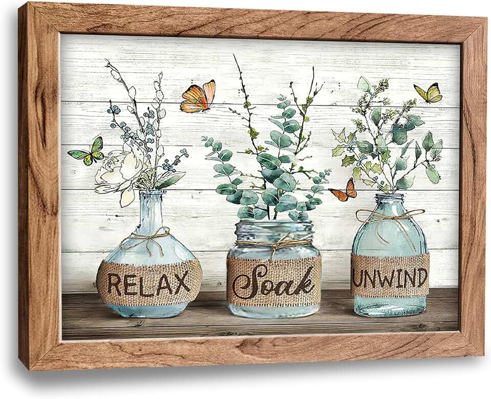 Tijuboni Farmhouse Bathroom Decor Wall Art, Eucalyptus Leaf Botanical Canvas Prints with Relax Soak Unwind Signs, Minimalist Greenery Framed Pictures Artwork for Bathroom 12"x16"
