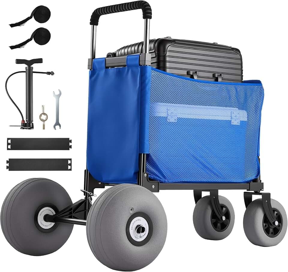 VEVOR Bollerwagen mit Ballonreifen (12 Zoll), Faltbarer Strandwagen mit 4-stufig Einstellbarem Schaumstoffgriff und Pumpe, Handwagen (75 kg Belastbar), Strandkarre Ideal für Camping, Angeln und Garten