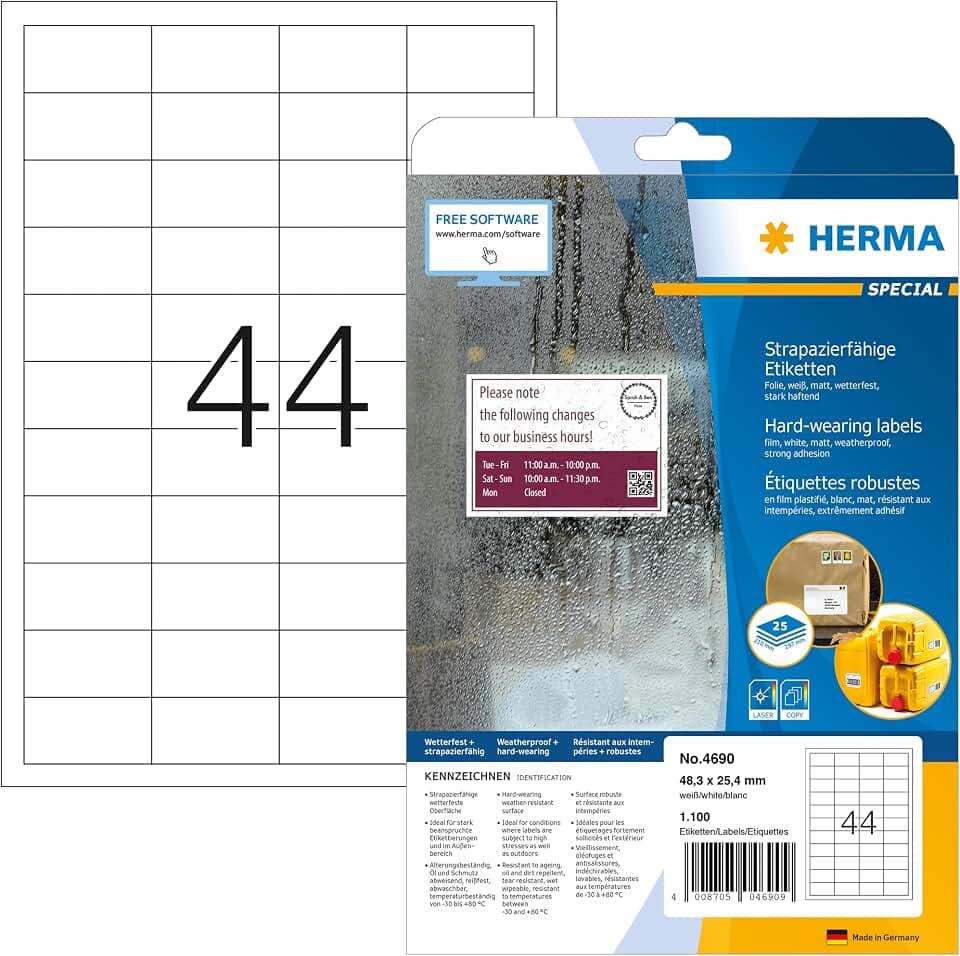 HERMA 4690 Wetterfeste Folienetiketten, 25 Blatt, 48,3 x 25,4 mm, 44 pro A4 Bogen, 1100 Stück, selbstklebend, bedruckbar, matt, blanko Klebeetiketten Aufkleber aus Folie, weiß
