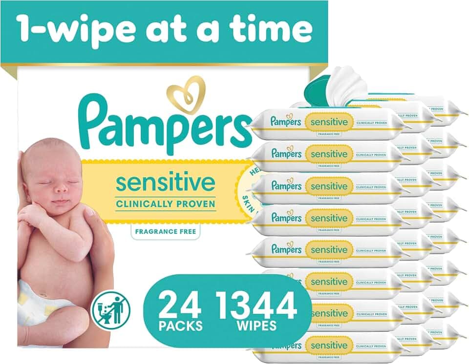 Pampers Sensitive Baby Wipes, Unscented, Fragrance Free, Clinically Proven, Water Based, Hypoallergenic, Multi-Use, Hand Wipes, 1344 Wipes Total (24X Flip-Top Packs)