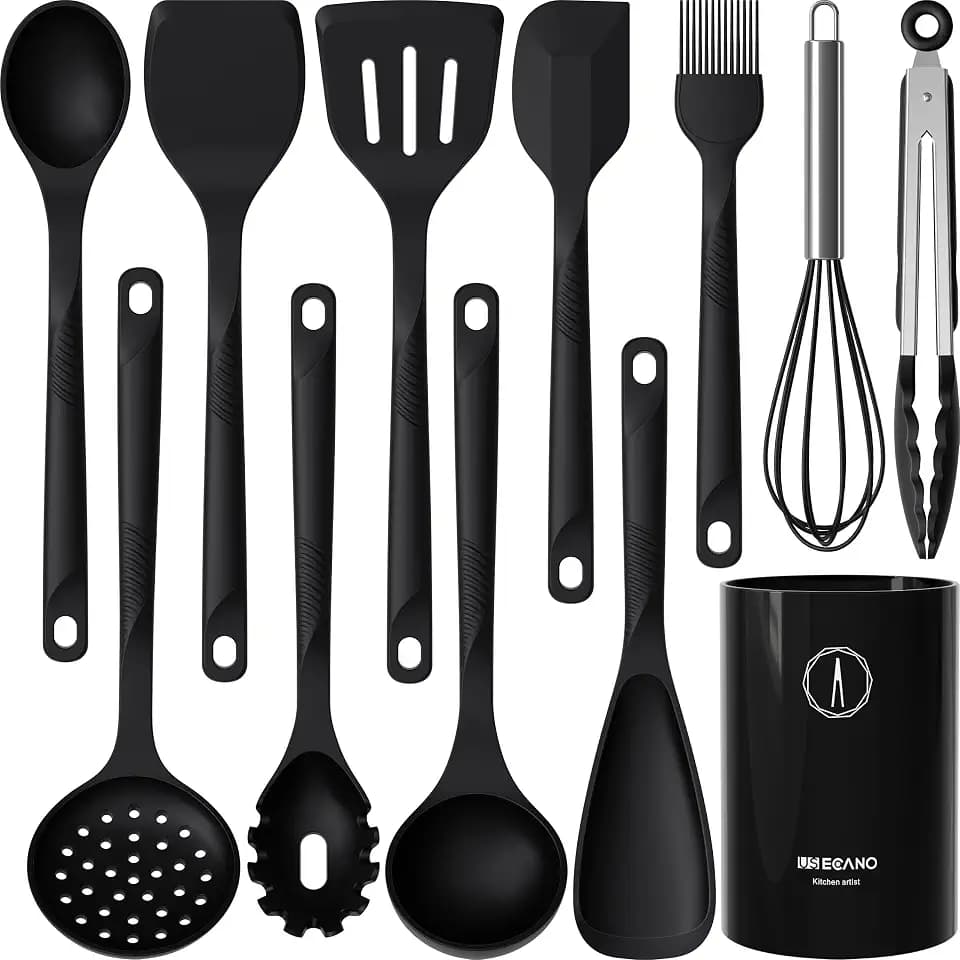 Silicone Cooking Utensils Set - 600°F Heat Resistant, Nonstick Kitchen Utensil Set with Spatulas, Spoons, Whisk, Tongs, BPA Free, Dishwasher Safe, Black