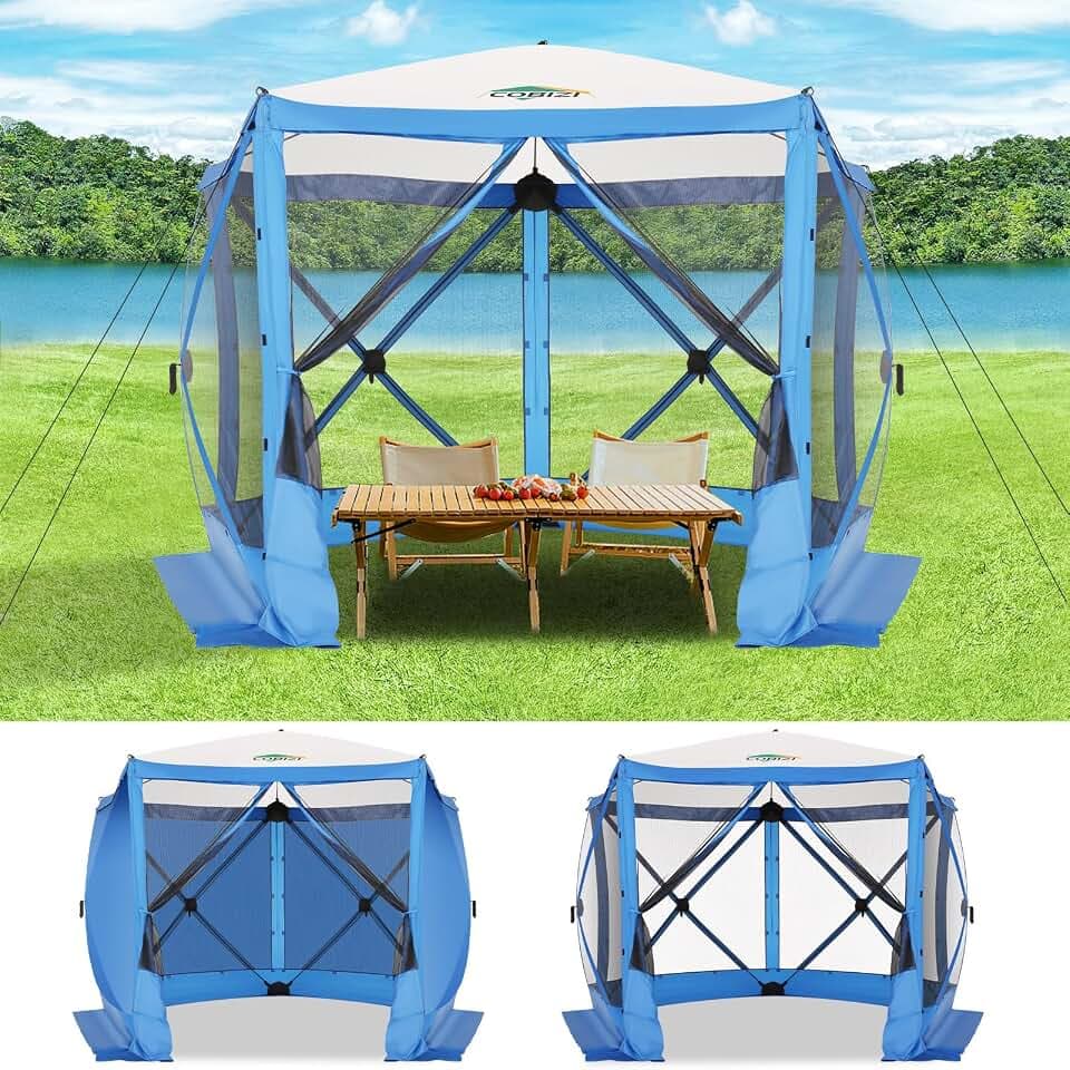 COBIZI 10x10 FT Pop up Gazebo, Popup Canopy tent, Screened In Gazebos with sidewalls, Waterproof Portable Outdoor Small Screen tents Sun Shelter,carpas para patio for Camping, Garden and Backyard,Blue