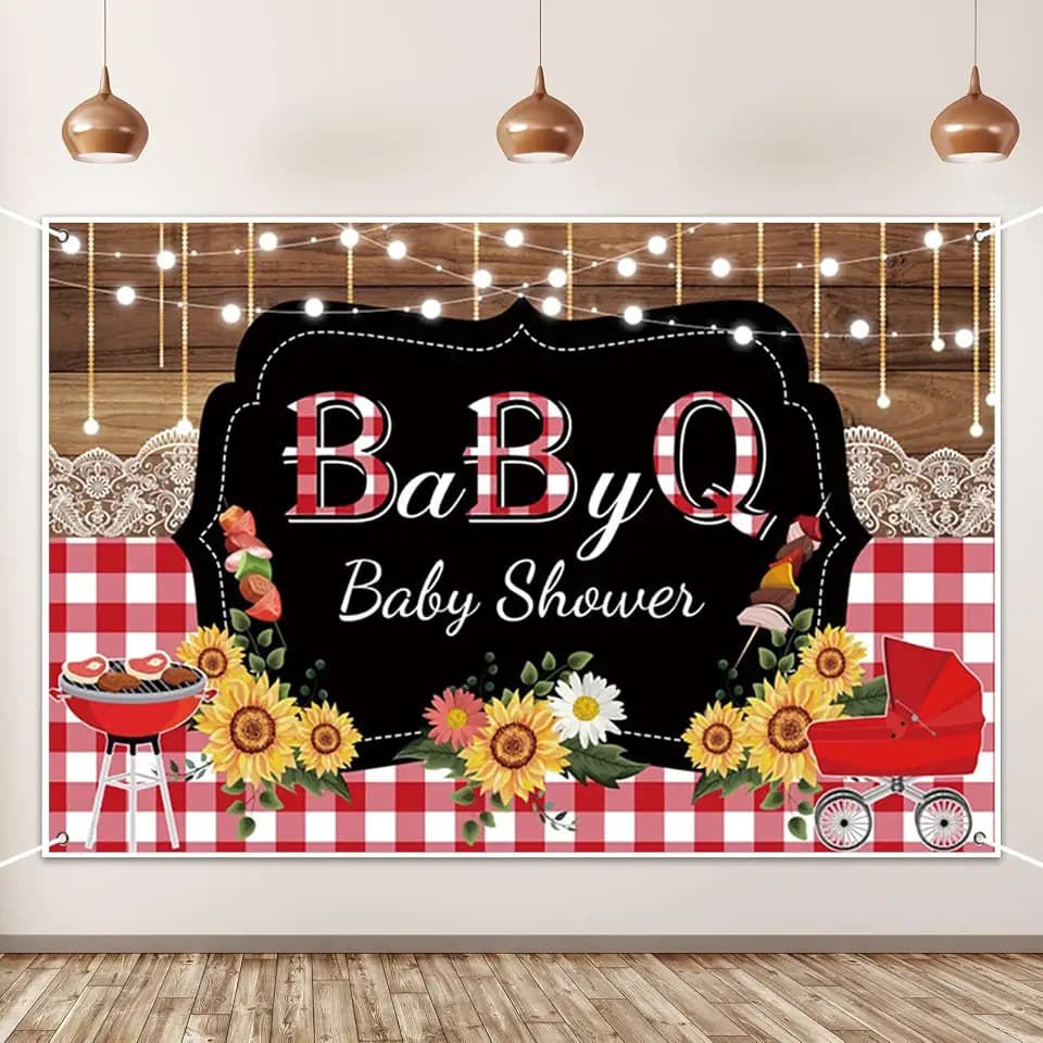 AOFOTO BBQ Baby Shower Backdrop Sunflowers Wood Plaid Baby Q Print Photography Background Barbecue Picnic Gender Reveal Newborn Baby Shower Birthday Party Banner Portrait Photo Studio Props 10x8ft