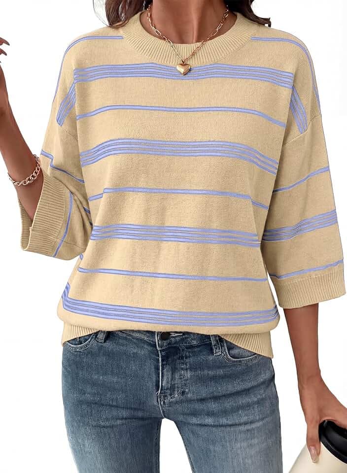 Dokotoo Womens Sweaters Oversized 3/4 Sleeve Striped Lightweight Knit Tops