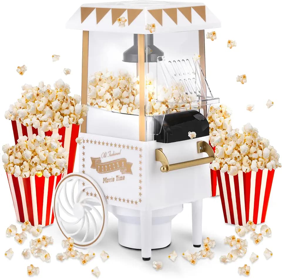 NK Popcornmaschine Retro 1.200W Heißluft – Popcorn Maker Ohne Öl, 0.3L Klein und Kompakt, Schnelle Zubereitung in 2 Min, Für Zuhause, Vintage Design (Weiß)