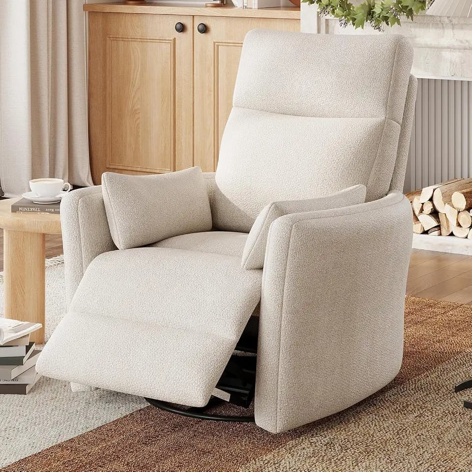LINSY HOME 360 Swivel Recliner Chair, Nursery Glider Rocking Chair with 2 Pillows, Chenille Nursing Chair Comfy High Back Adult Rocker Recliner for Small Spaces, Nursery Bedroom Living Room (Beige)