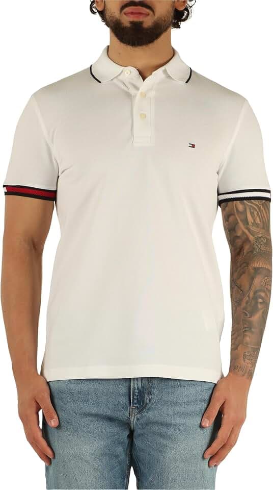 Tommy Hilfiger Herren Poloshirt Kurzarm Flag Cuff Slim Fit, Weiß (White), XXXL