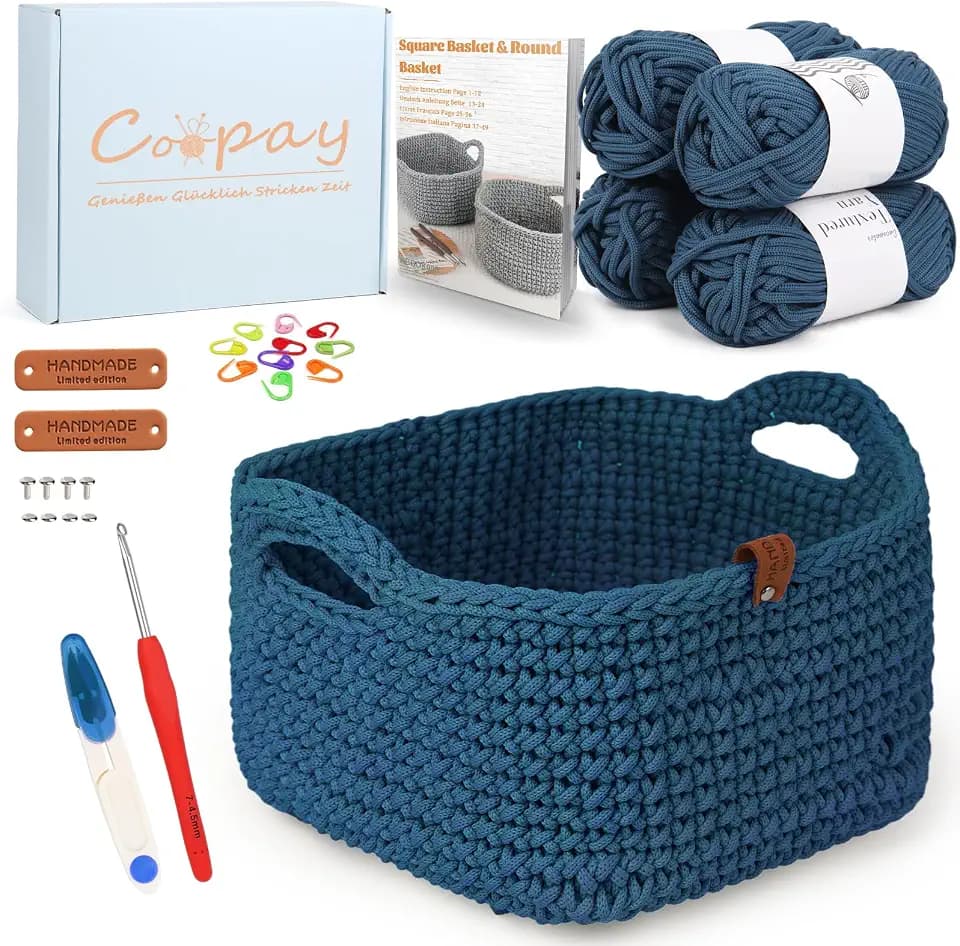Coopay Häkelset für Anfänger, Square Körbe Häkel Set mit Häkelanleitung, DIY Häkelset für Körbe Häkeln Lernen mit Häkelnadel 4,5mm, Dicke Häkelgarn, Anfänger Häkelset für Körbe - Denim Blau