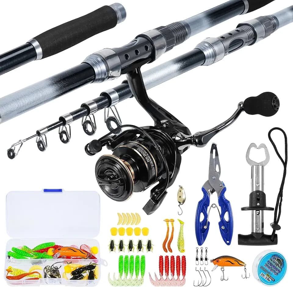 2.7M Angelrute Set Komplett Glasfaser Angelruten Teleskoprute und Spule Combo Kit mit Angelschnur Angelköder Set und Tragetasche, Geschenk Erwachsene für Salzwasser Süßwasse Fishing
