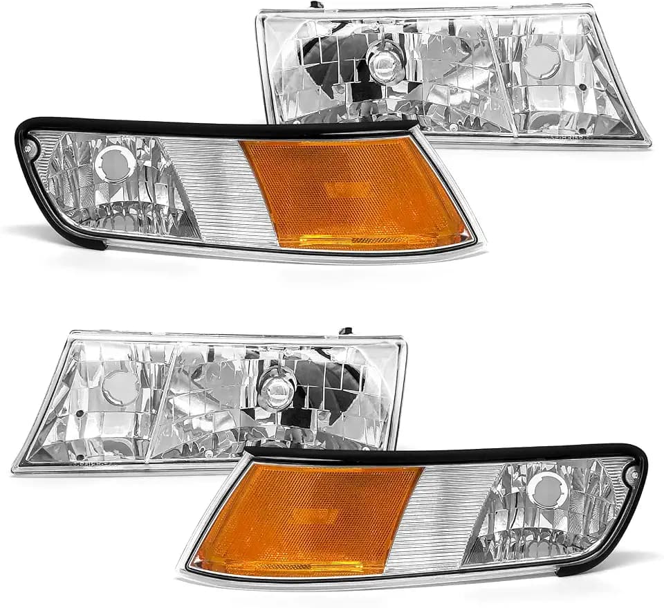 for 1998 1999 2000 2001 2002 Mercury Grand Marquis Headlight Assembly 1998-2002 Mercury Grand Marquis Clear Lens Chrome Housing Amber Reflector Driver and Passenger Side（W/O Bulbs）