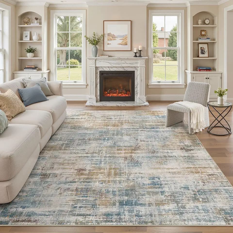 UERMEI 9x12 Area Rug for Living Room Washable Abstract Blue Brown Carpet