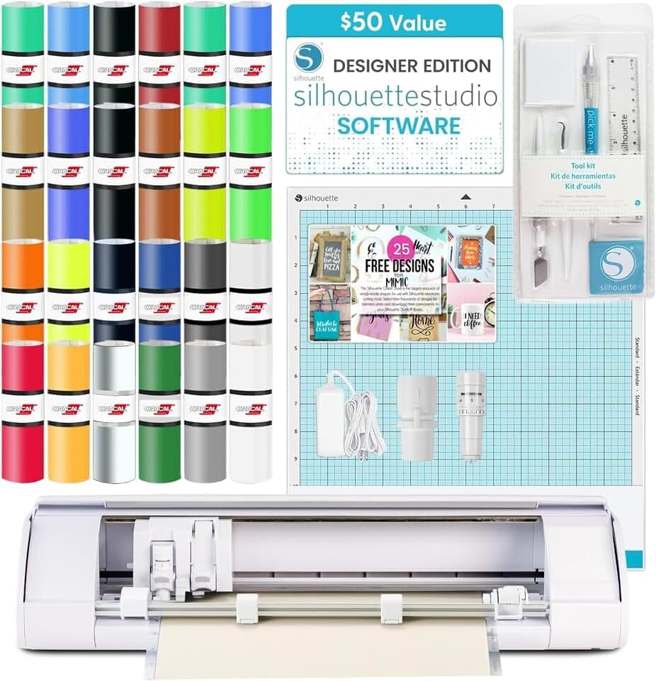 Silhouette America Cameo 5 Alpha (α) - Smart Cutting Machine, Classic White (Starter Bundle) - Includes Designer Edition Software, 24 Oracal Vinyl Sheets, Tool Kit & 25 Free Designs for DIY