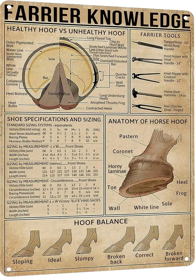 HYBLOM Farrier Knowledge Horse Hoof Anatomy Tin Sign - Educational Retro Metal Poster for Horse Lovers, Cowboy, Home, School, Farm, and Club Wall Decor, 12x16 Inches