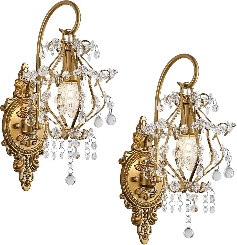 Fetason Hardwired Vintage Gold Crystal Chandelier Wall Sconces Set of 2