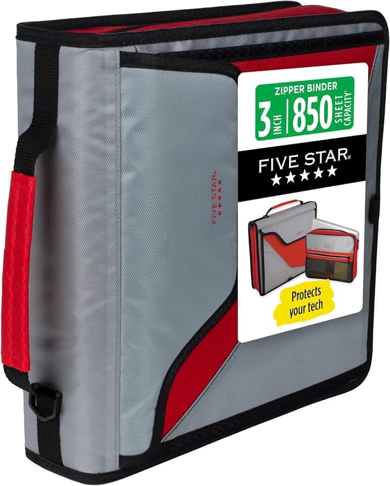 Five Star Zipper Binder, 3-Inch D-Ring Case Binder, 850-Sheet Capacity, Multiple Pockets, Front 5-Tab Expanding File, Removable Padded Case and Shoulder Strap, Crimson Fade (292960K)