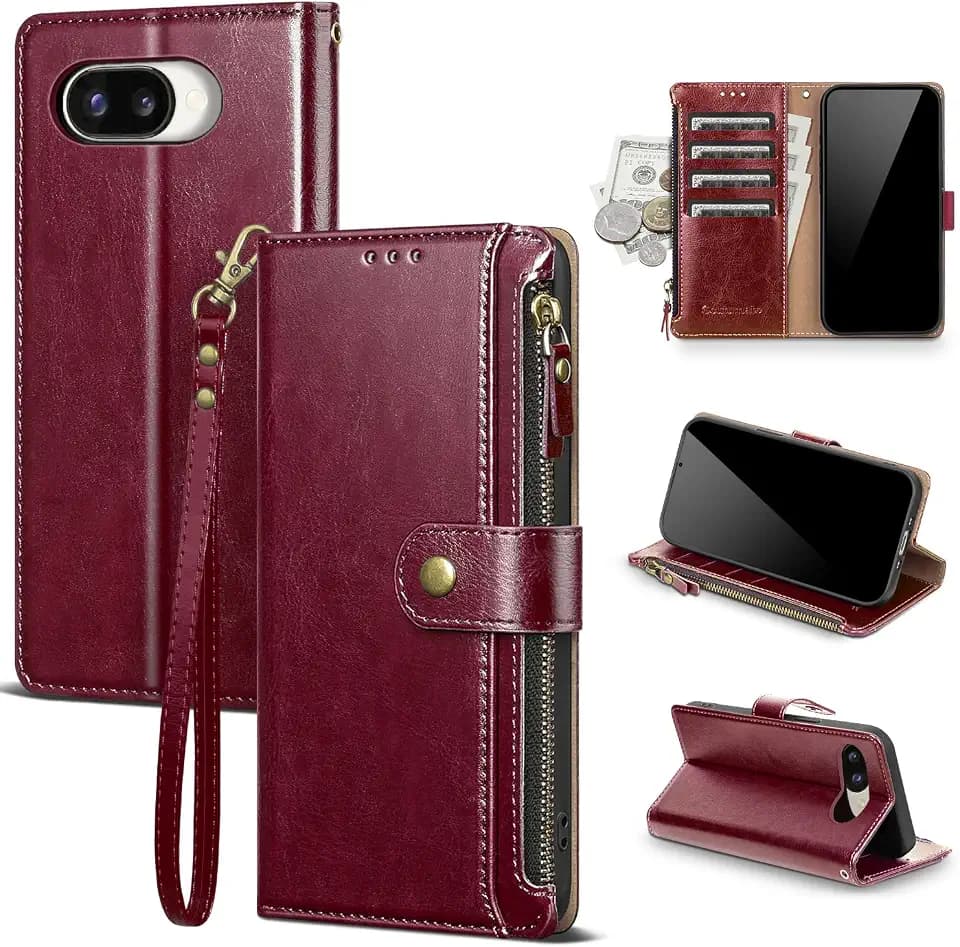 Compatible with Goole Pixel 9a Wallet Case with Card Holder RFID Blocking Zipper Poket PU Leather Phone Case Flip Protective Cover with Wrist Strap Credit Card Slots Kickstand,Wine Red