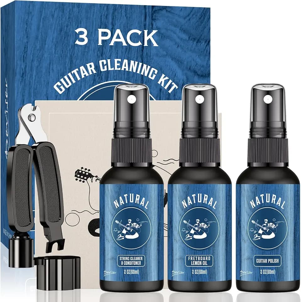 Deviser Guitar Cleaner Spray,All IN ONE Kit 2 OZ,fretboard Lemon oil,Polish,Guitar String-cleaner,Guitar string winder,Cleaning cloth for guitar cleaning and maintenance