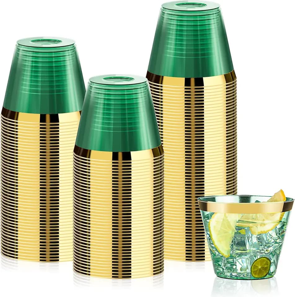Bestluck 100Pack 9oz Green Plastic Cups,Clear Disposable Cups with Gold Rim