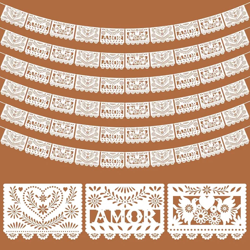 TaoBary 6pcs Mexican Papel Picado Banner 118ft, White, Amor