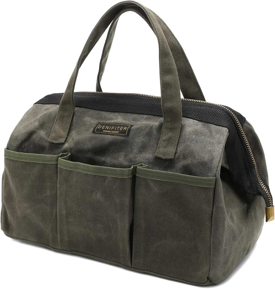 13-inch Tool Bag, Heavy Duty Wide Mouth Water-Resistant Tool Bag, Tool Tote with Handle for Tools, Wrenches, Screwdrivers (13 X 7.8 X 9 inch) | ArmyGreen
