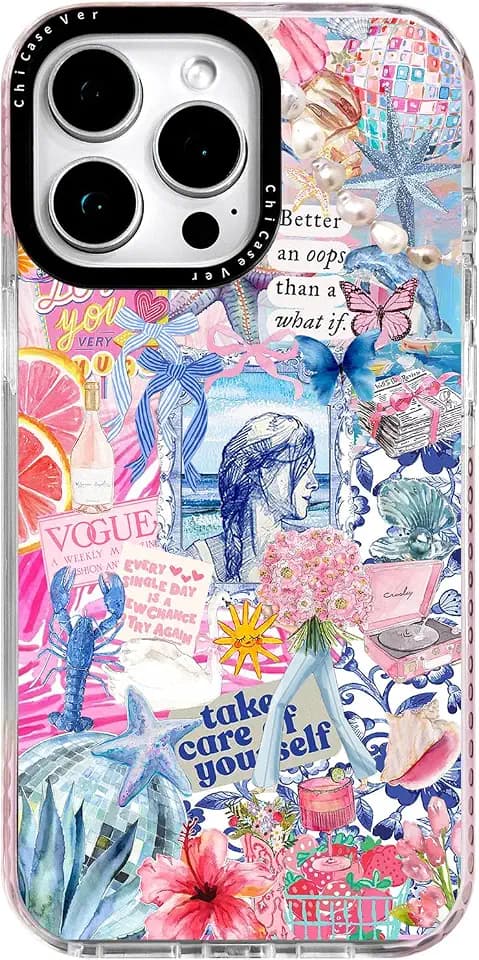 for iPhone 13 Pro Case, Coastal Collage Pattern with Romantic Quote, Cute Soft Slim TPU Compatible with MagSafe, Military-Grade Drop Protection & Camera Protection for Women Girls