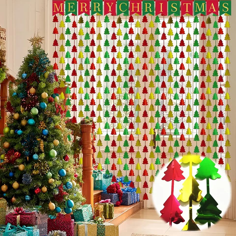 OQOQ Christmas Party Decorations, 2 Pcs 3.3x6.6 ft Red Green Gold Christmas Tree Tinsel Foil Fringe Curtains Backdrops & 1 Pcs Xmas Banner Large Photo Booth Props Indoor Party Wall Door Room Decor