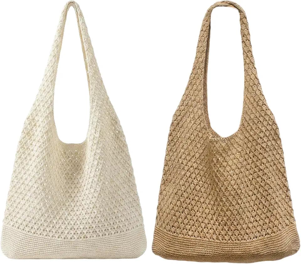 2/4 Pcs Crochet Shoulder Beach Bags, Summer Mesh Tote Bag for Women Large Capacity Aesthetic Hippie Knit Bag