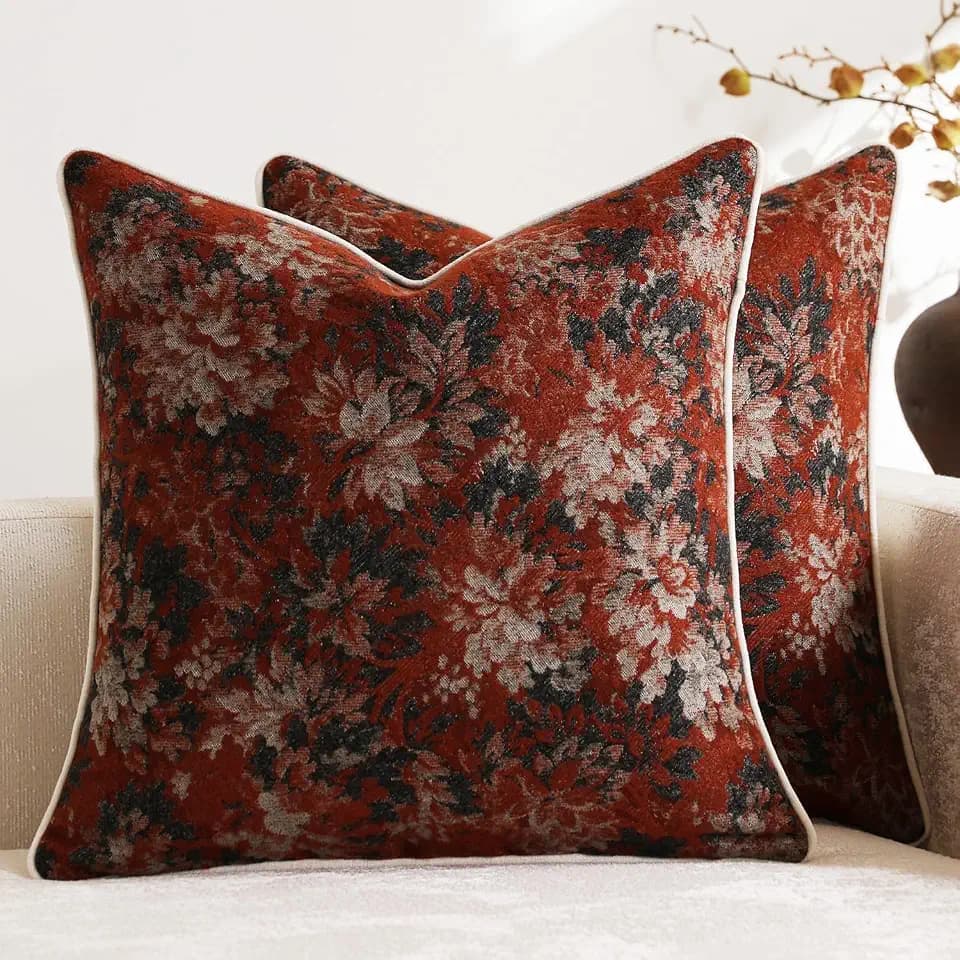 DEZENE Pack of 2 Vintage Floral Throw Pillow Covers 20x20 Boho Farmhouse Accents Chenille Square Decorative Pillow Cases for Living Room Couch Bed Home Decor, Rust