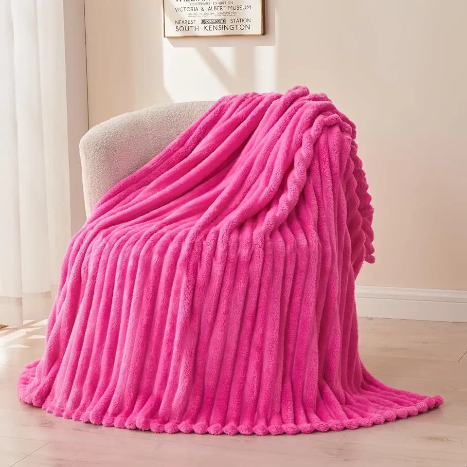 NEWCOSPLAY Fleece Ribbed Cozy Twin Blanket for Couch, Hot Pink, 60"x80"