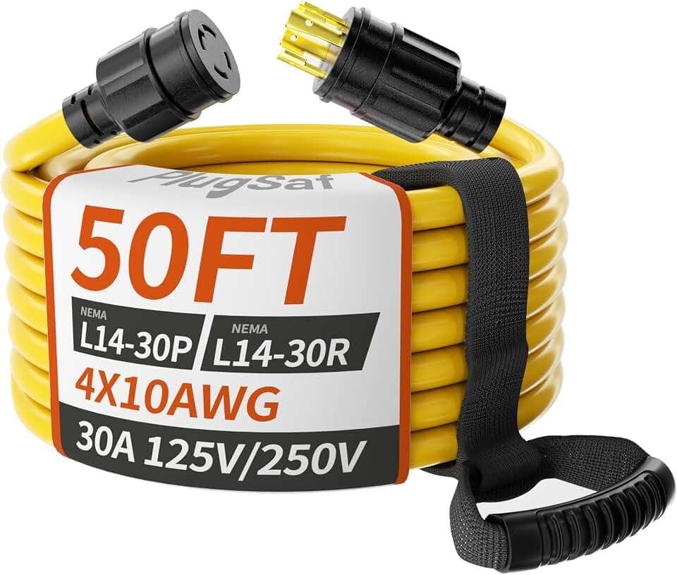 PlugSaf 50FT 30 Amp Generator Cord 4 Prong, 10AWG 125/250V 3750/7500W STW