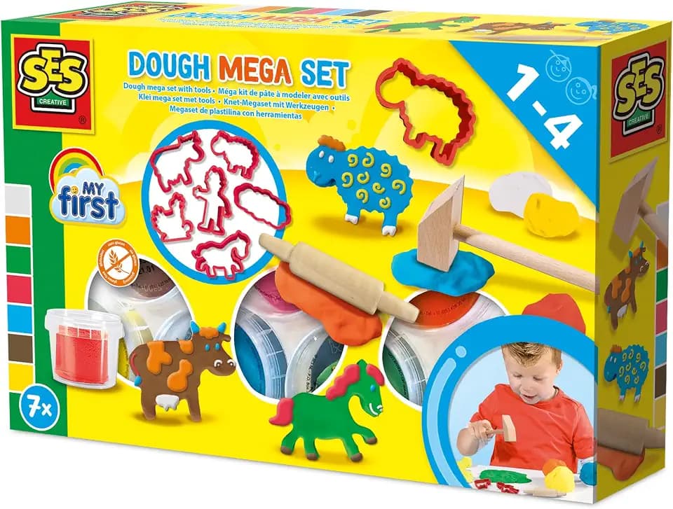 SES Creative | Set Mein erstes Mega-Tierknetset für Kinder | Kreative Kunstspiele für Babys | Komplettset | Sensorische Entwicklung |Formen lernen | Geeignet | Geschenk für Kinder ab 1 Jahr