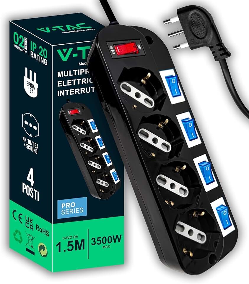 V-TAC Elektrische Mehrfachsteckdose schwarz 4 Anschlüsse mit unabhängigen Schaltern - 4 Eingänge 10/16 A Bypass + Schuko - Stecker 16 A - Steckdosenleiste - Steckdose für Haus, Büro, Geschäft - Kabel