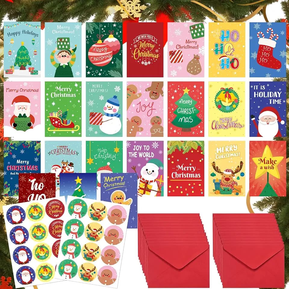 24 Weihnachtskarten mit Umschlag Set, 24 Premium Weihnachtspostkarten Klappkarten Weihnachtsgrußkarten Christmas Cards mit Aufkleber Ideal für Geschenke,Kollegen,Familie & Weihnachtsgrüße- (B)
