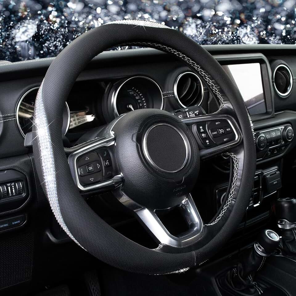 KAFEEK White Crystal Leather Steering Wheel Cover, Universal 15 Inch