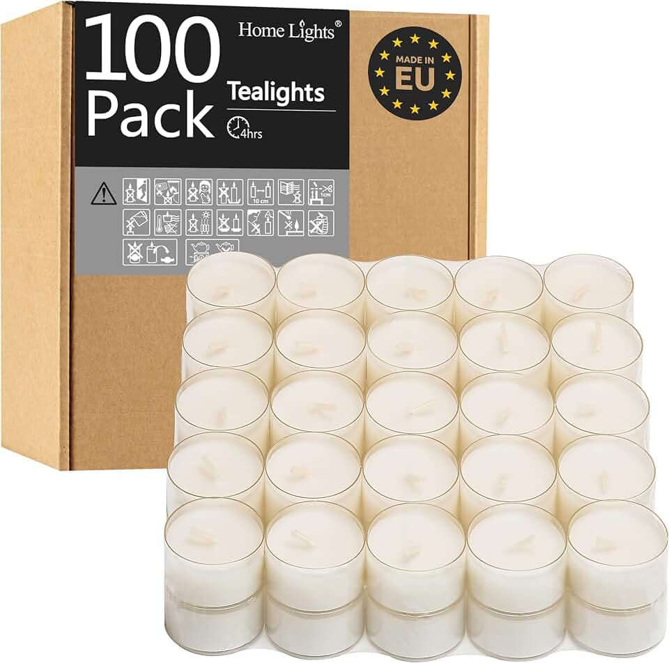 Home Lights Tealight Candles, Giant 100,200,300 Bulk Packs, White Unscented European Smokeless Clear Cup Tea Lights for Shabbat, Weddings, Christmas, Home Decorative- 100 Pack