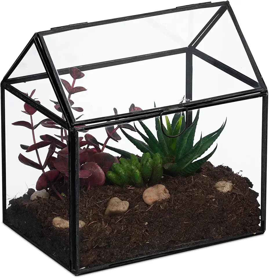 Relaxdays Pflanzenterrarium, Glas & Zinn, Deko Glashaus für Kakteen & Moos, Glaskasten für Fensterbank, schwarz