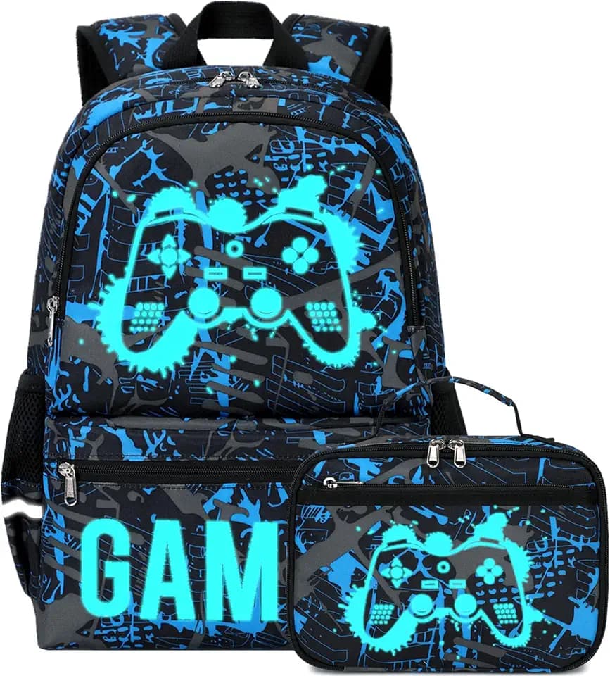 Octsky Kids School Backpack for Boys and Girls, Luminous Backpack with Lunch Box, Gamepad Bookbag School Back Pack
