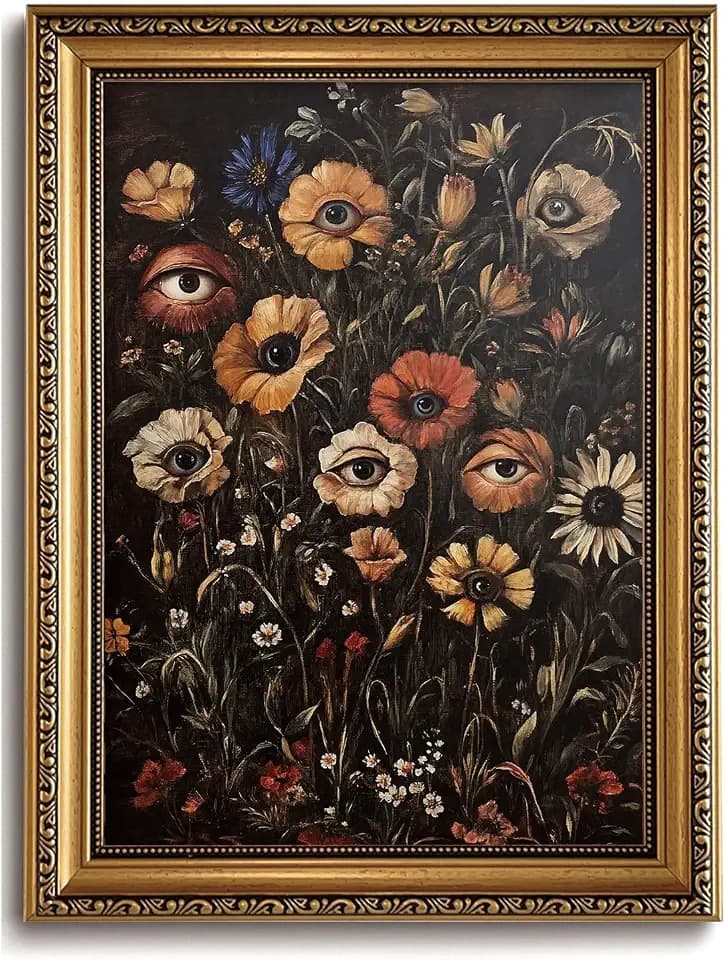 Framed Gothic Oddities Wall Art, Eyeball Floral Bathroom Print 16x24in