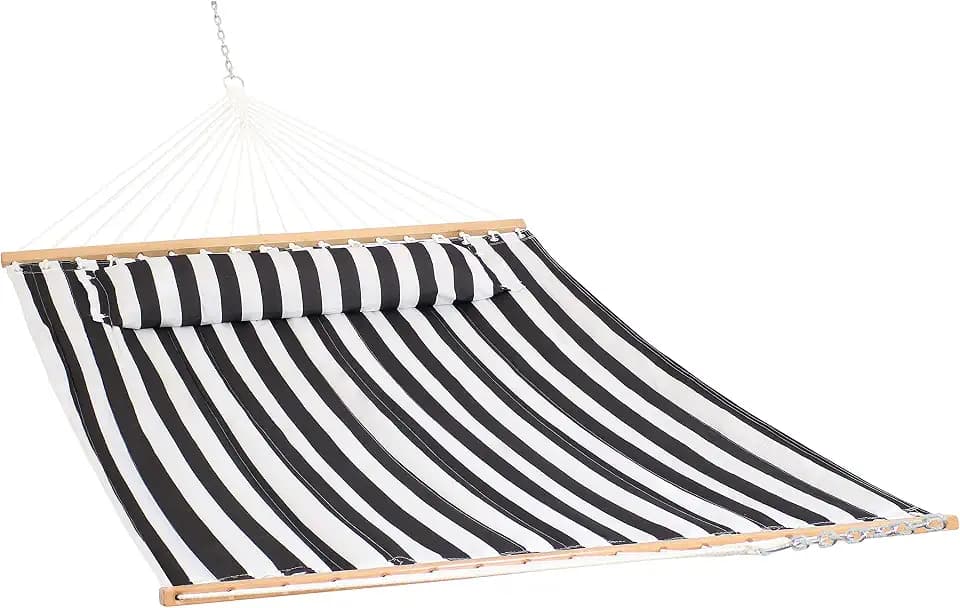 Sunnydaze Quilted Double Hammock for Outside with Pillow, Black and White
