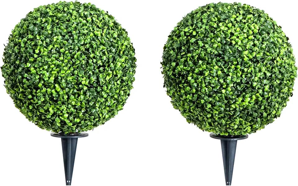 Nearly Natural 14-in Artificial Boxwood Topiary Ball for Outdoor Use with Integrated Ground Stake, Set of 2 Faux Boxwood Plants for Lawn & Garden, Backyard Home Décor, UV Resistant