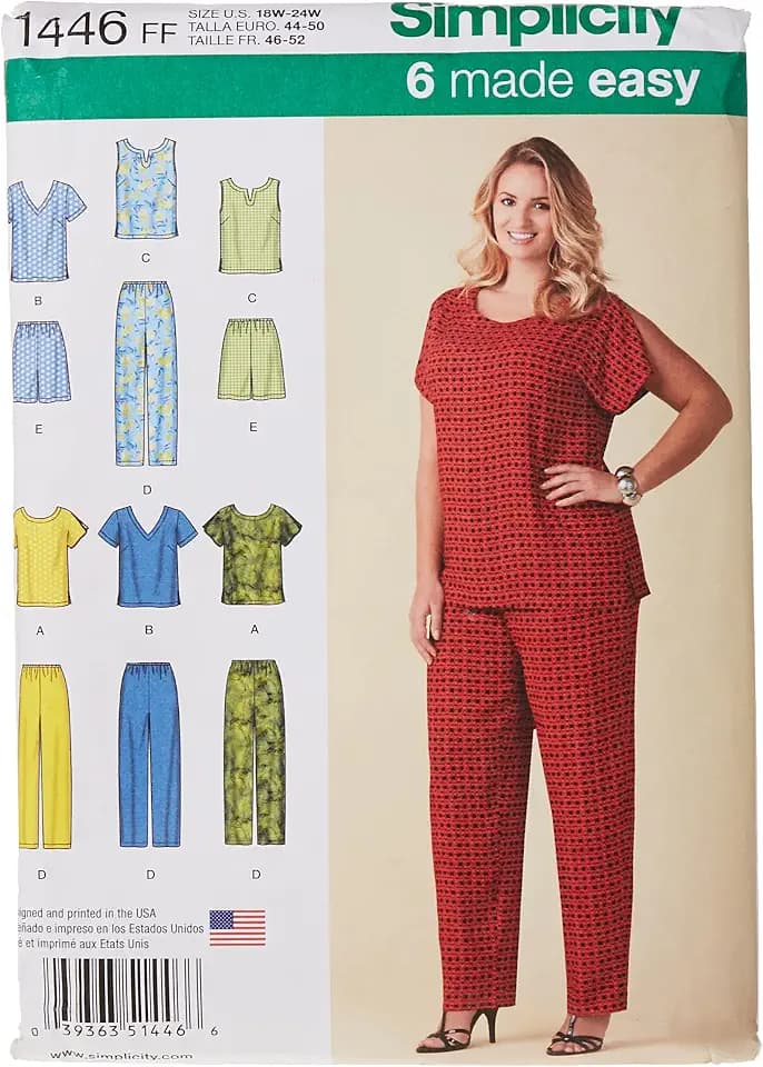 Simplicity Schnittmuster 1446: Sechs leicht anzuziehende Oberteile und Hosen oder Shorts für Übergröße, Papier, Weiß, FF (18W-20W-22W-24W)