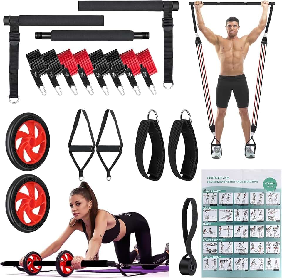 Fitnessbänder Pilates Bar Set, mit 8 Widerstandsbändern 20/30/40/50 lbs, Resistance Bands Set mit Stange, Griffe, Türanker, Fußschlaufen, Tragbarer Handtasche