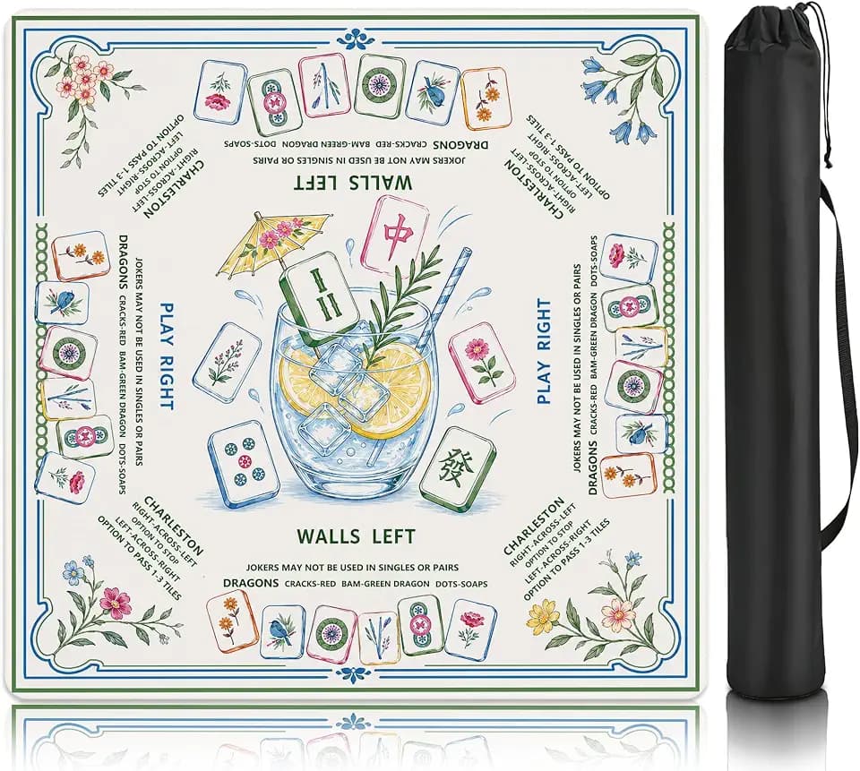 Summer Garden Mahjong Mat with Rules Non-Slip Noise Reduction Gaming Mats with Carrying Bag, American Mahjong Table Cover for Poker Board Card Games Dominoes, 31.5” x 31.5”