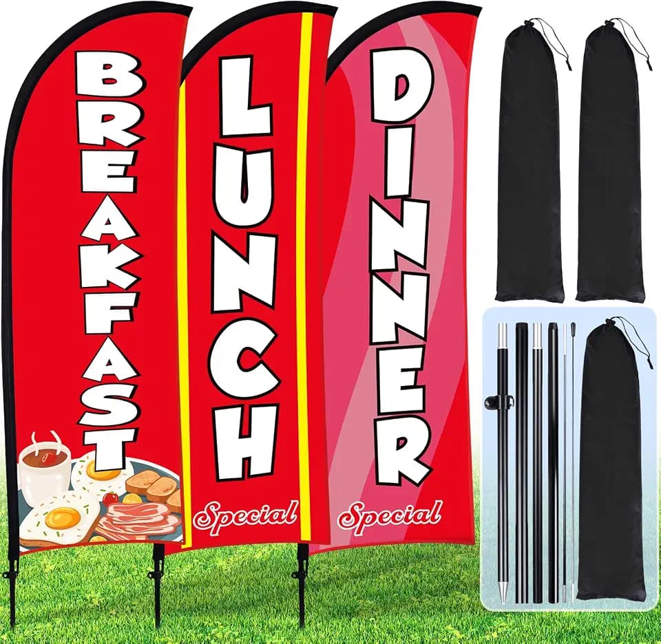 Buryeah 3 Sets Breakfast Lunch Dinner Feather Flags for BBQ Restaurant Advertising Breakfast Flag with Pole Ground Stake and Banner for Outside Ground(Red)