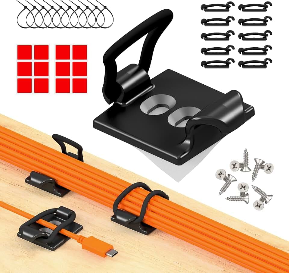 [Hergestellt im UK] 10-Stück verstellbare Selbstklebende Elastische Kabelhalter, Kabelmanagement Organizer für Büro, Zuhause, unter Schreibtisch, hinter TV, HDMI, Laptop/PC/Handy Ladekabel (Schwartz)