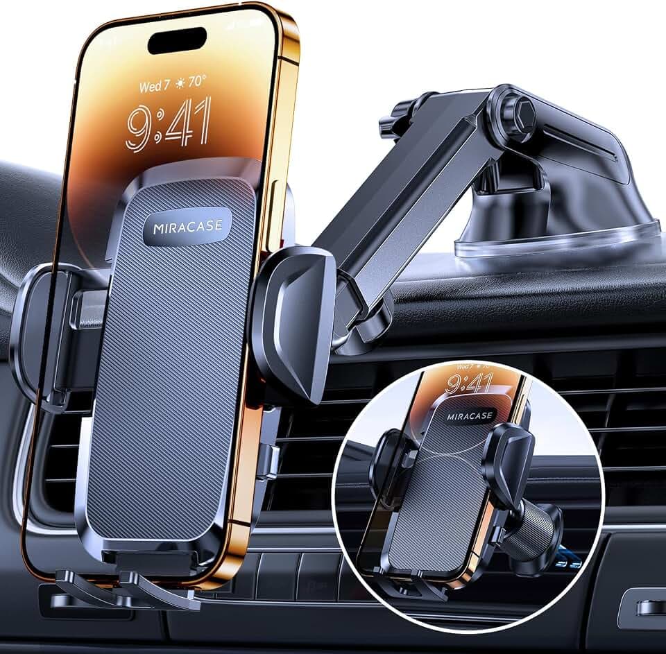 Miracase Handyhalterung Auto[Verbesserter Saugnapf&Metall-Doppelhaken] Handyhalter Auto Lüftung Armaturenbrett Windschutzscheibe, KFZ Handy Halterung für iPhone Samsung Galaxy Alle Smartphones