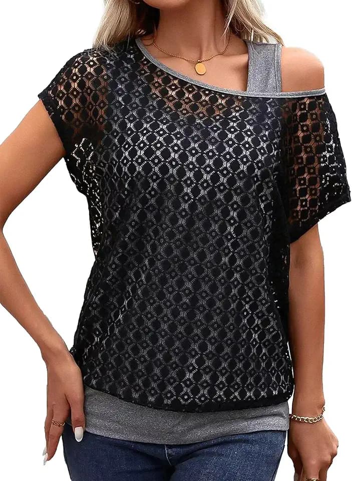 Flamingals Women's Short Sleeve Asymmetrical Neck 2 in 1 T-Shirt