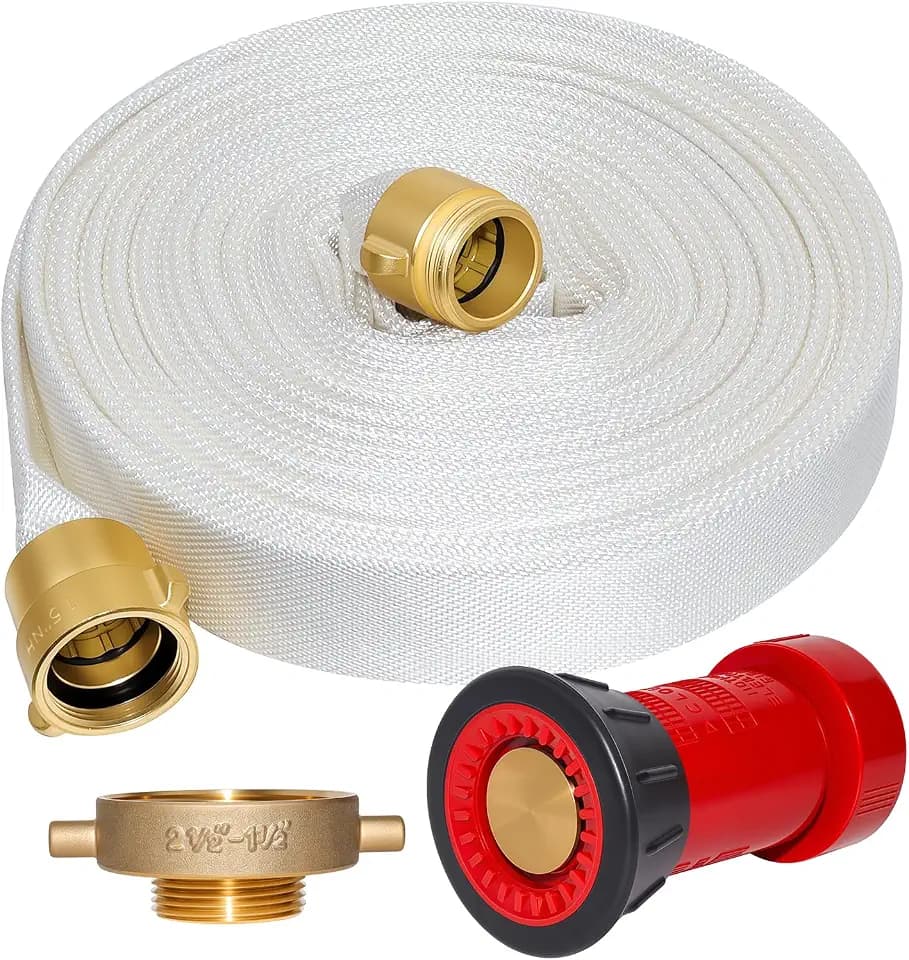 Fire Hose 100 FT x 1-1/2" ID, NST Brass Couplings, Hydrant Adapter, Nozzle